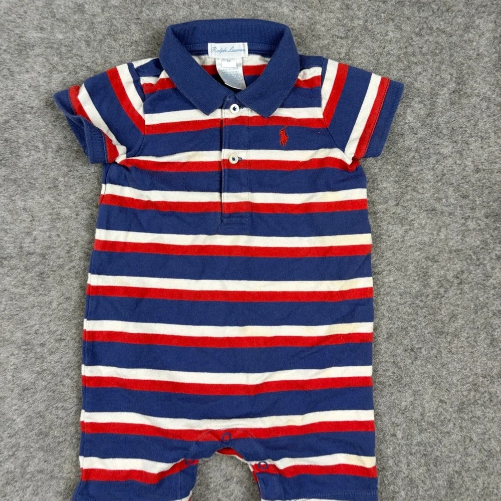 Ralph Lauren Romper Baby 6 Month Striped Red White Blue Polo Short Sleeve